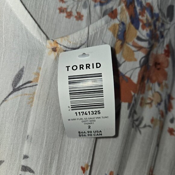 Torrid High Low Ivory Floral Cold Shoulder Short Sleeve V-Neck Top  Sz 2 (2X) - Picture 12 of 14
